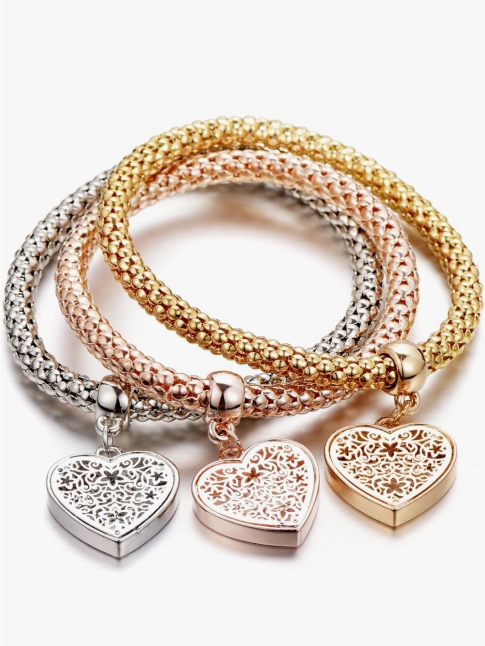 Tri-Tone Heart Charm Mesh Bracelets - Gold, Rose Gold & Silver
